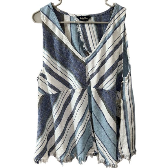 Indigo Rein Women’s Medium Striped Linen Blend Split Back Fringe Boho Tank NEW - Picture 1 of 6